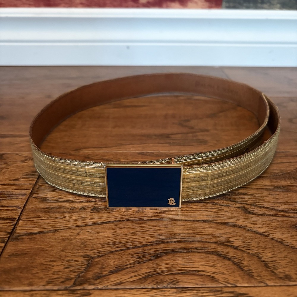 Vintage Ralph Lauren Gold Metallic Belt Navy Enamel Buckle 90s Women Small 26-30